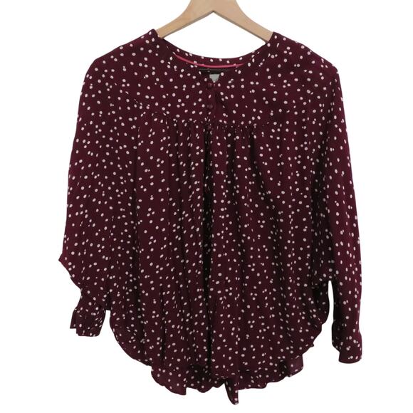 Maeve Womens Sz M Burgundy and White Polka Dot 3/4 Sleeve Top Front Buttons - Picture 1 of 8